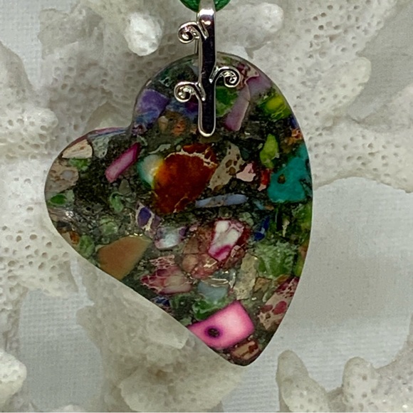 Multicolor Sea Sediment Jasper & Pyrite Heart on an Angle Pendant Agate Necklace - Picture 3 of 14